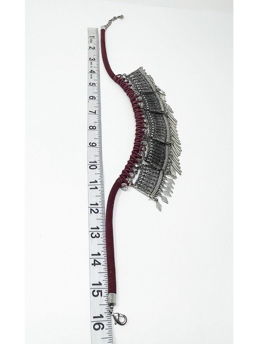 Tribal Statement Bib Necklace Maroon Cord Silver Tone Fringe Metal Etched Boho - Picture 5 of 9